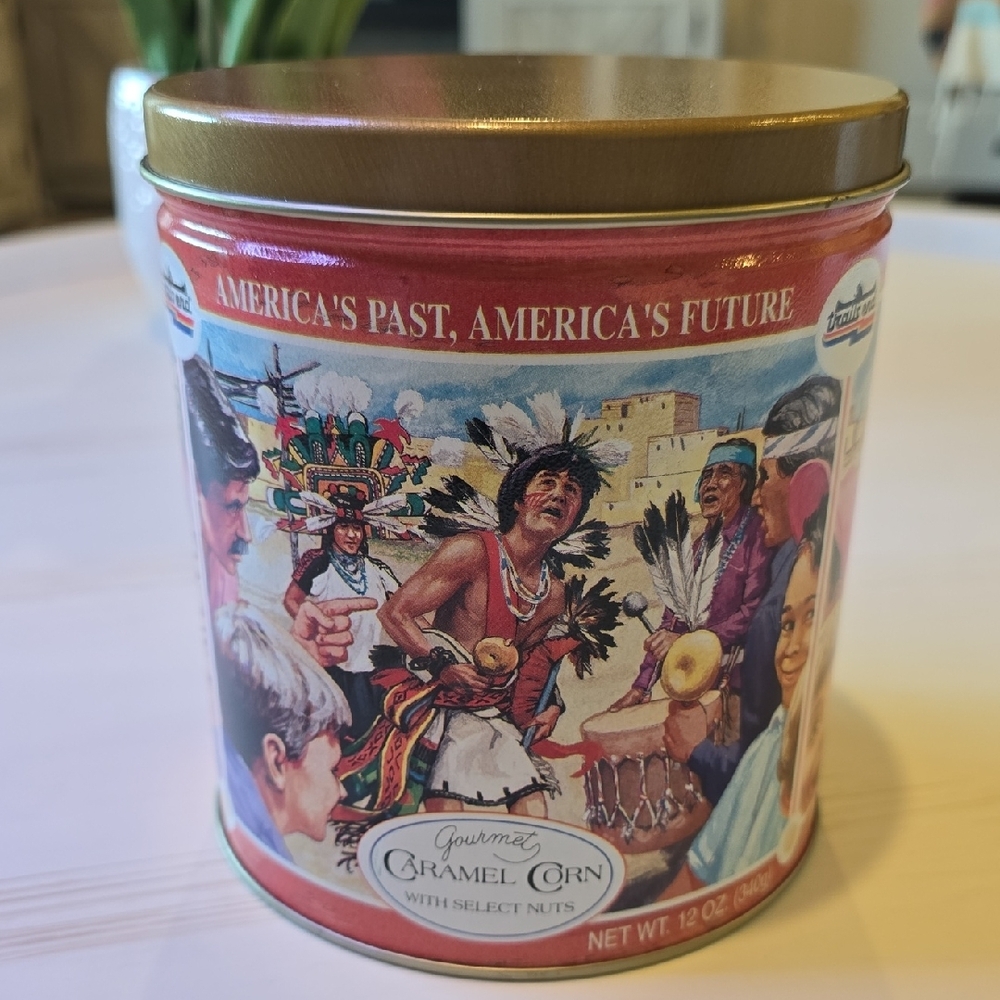 Trail End Gaurmet Caramel Poporn Tin " America's Past, America's Future"